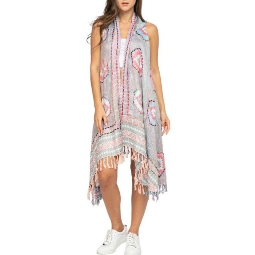 Raj‎ Kimono Open Cardigan Vest Thick Stitch Embroidered Southwest Aztec Boho